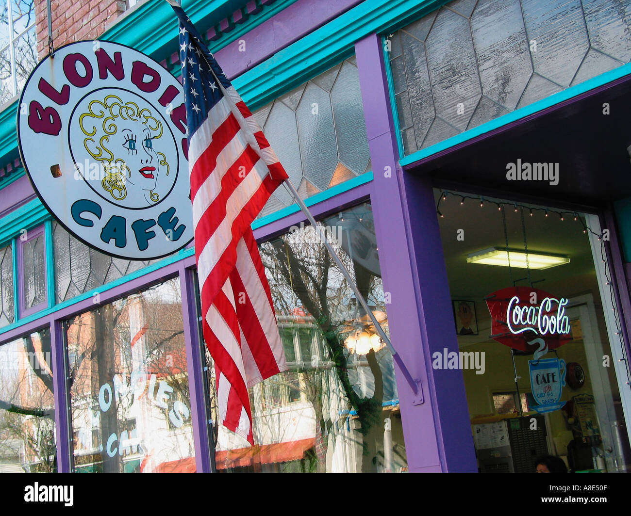 Local cafe and US flag outside in Market St, Rhinebeck Village
