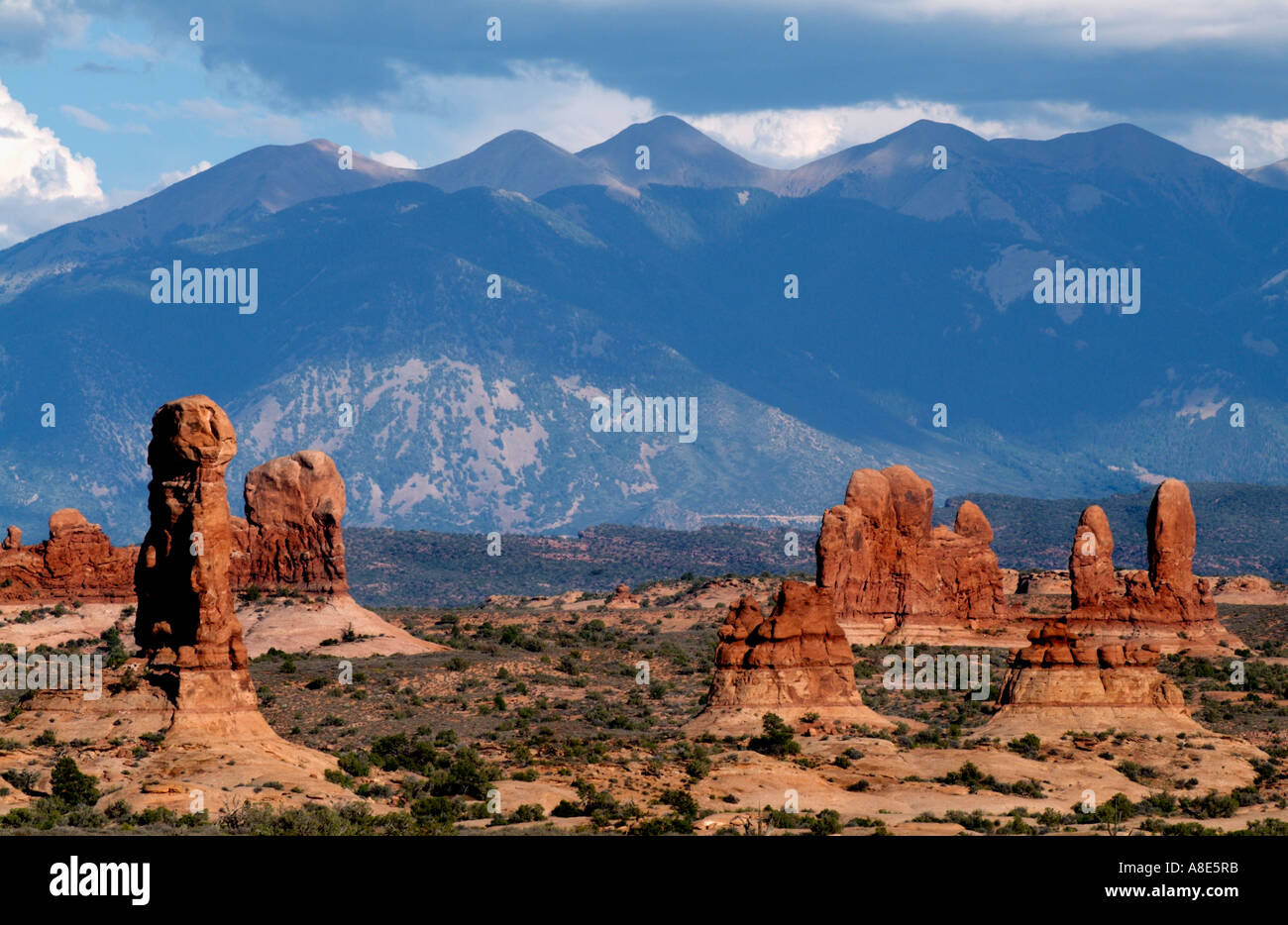 Phallic Rock Formations and La Sal Mountains at Arches National Park Utah USA Stock Photo