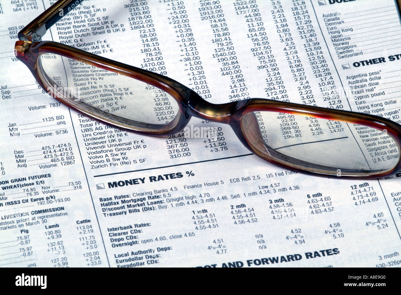 checking list of stocks and shares markets in detail on newspaper page equity prices lens lenses