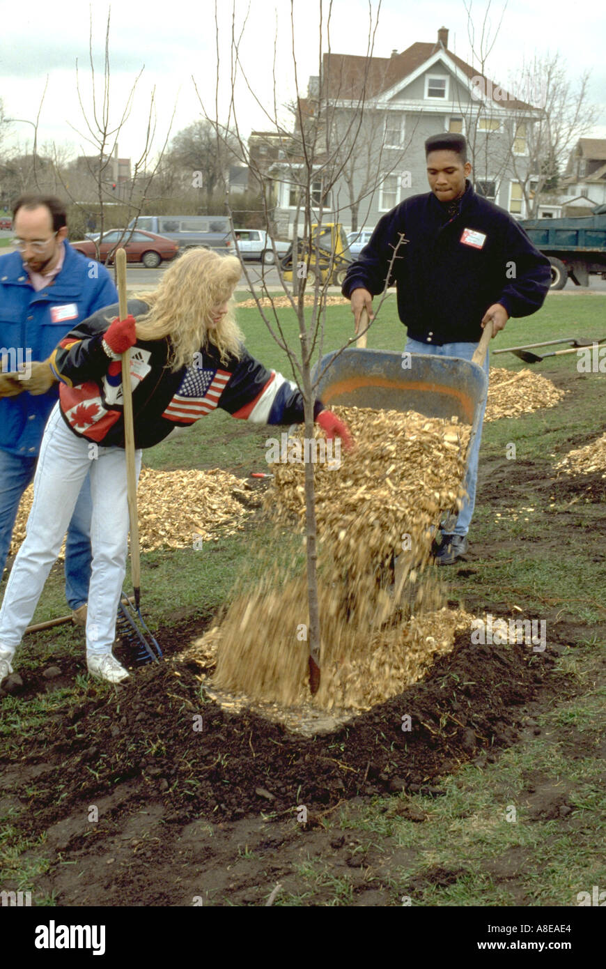 18 yr. olds planting trees outside of Central High on Arbor Day. St Paul Minnesota USA Stock