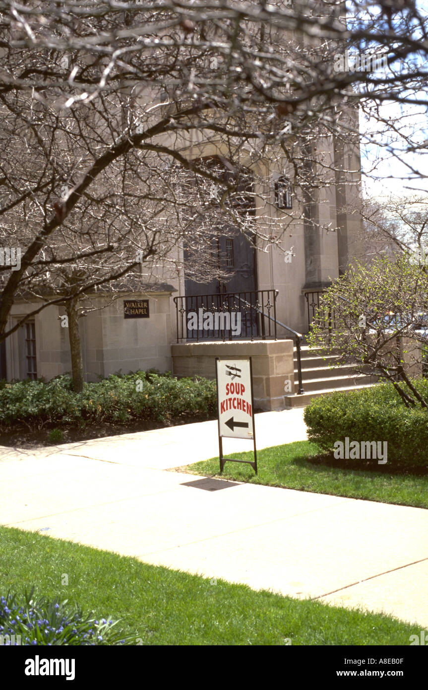 Church with sign advertising soup kitchen in basement. Evanston Illinois USA Stock Photo