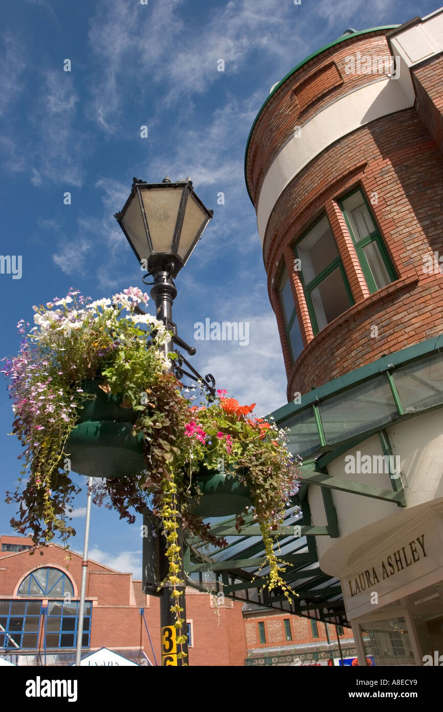 Cheshire Stockport Town Centre floral hanging basket in Bridge Street