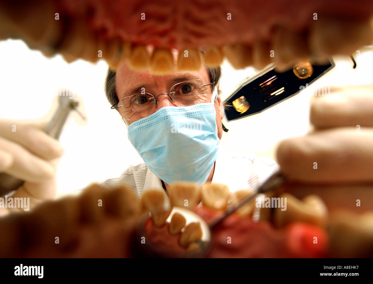 Dentist with drill and mirror tool looking into open mouth Stock Photo ...