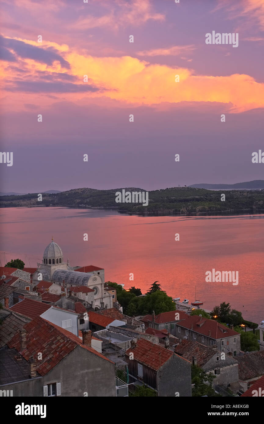 Colorful summer sunset panorama of Sibenik with view of St James, Krka