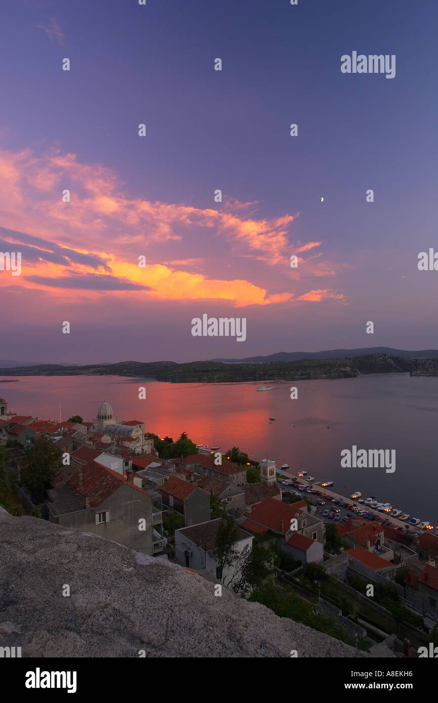 Great summer sunset panorama of Sibenik with view of St James, Krka