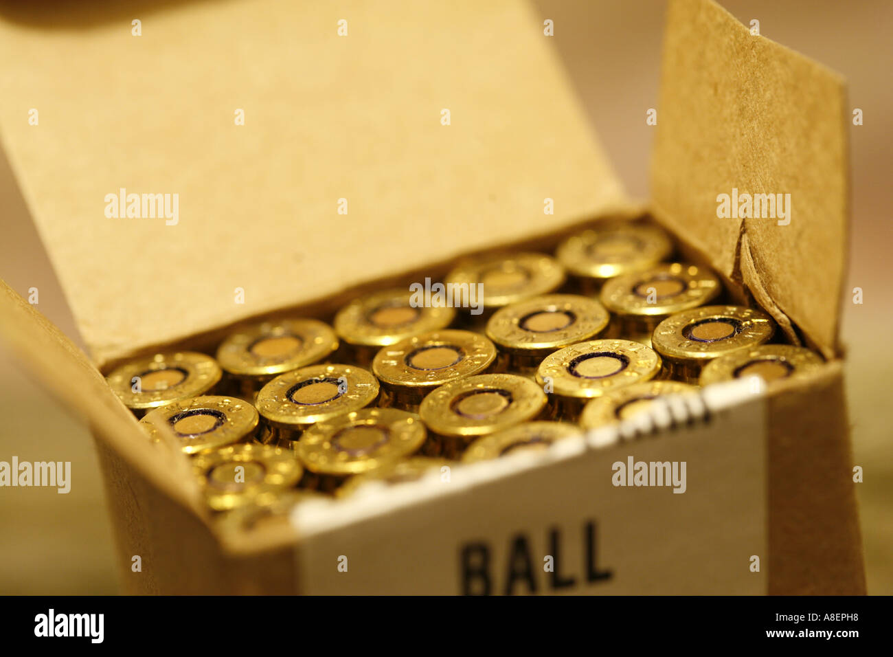 full open box of ammunition 308 762 rifle cartridge bullets live rounds Stock Photo Alamy