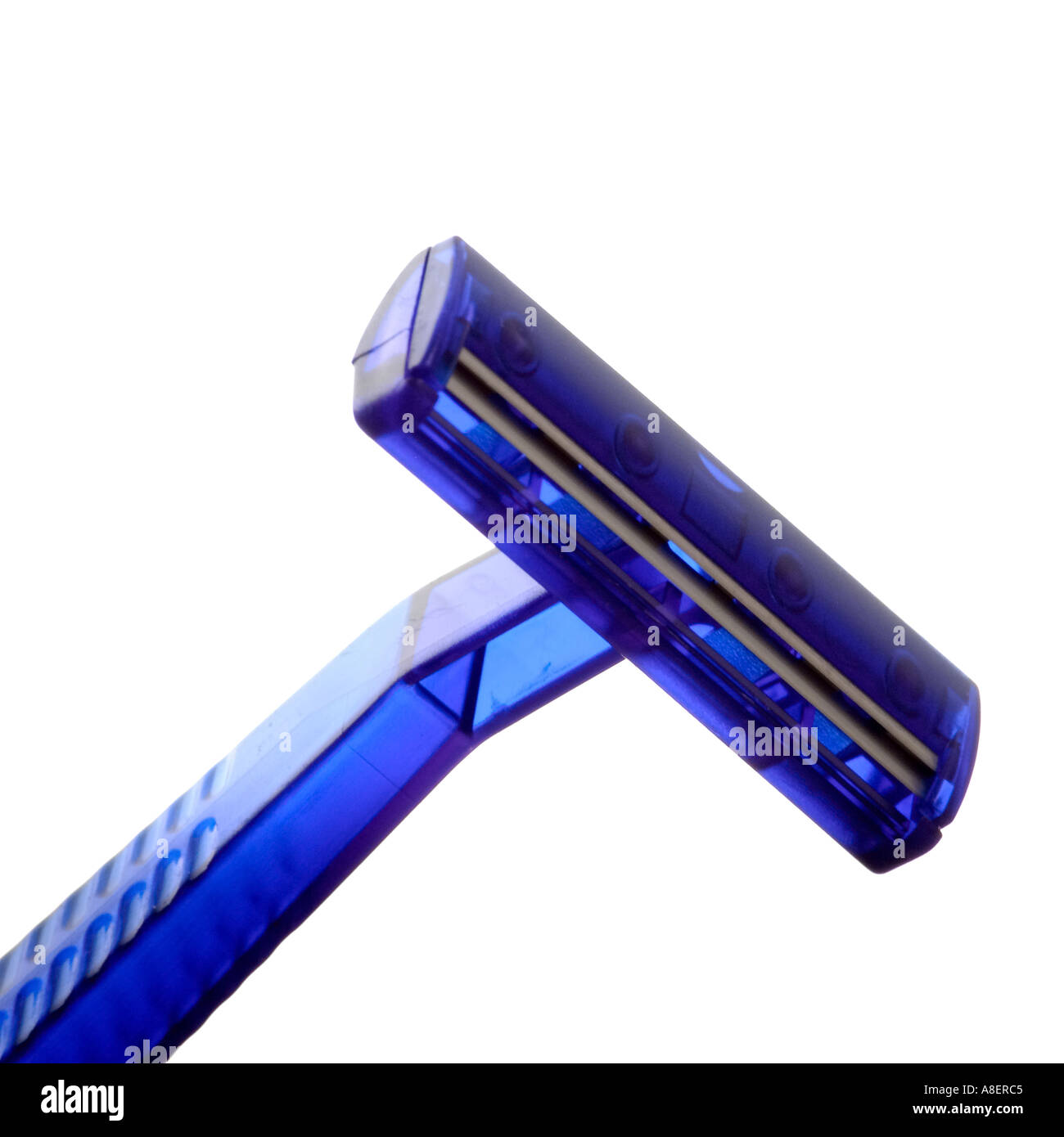 Twin blade throw away blue plastic shaver on white background Stock Photo
