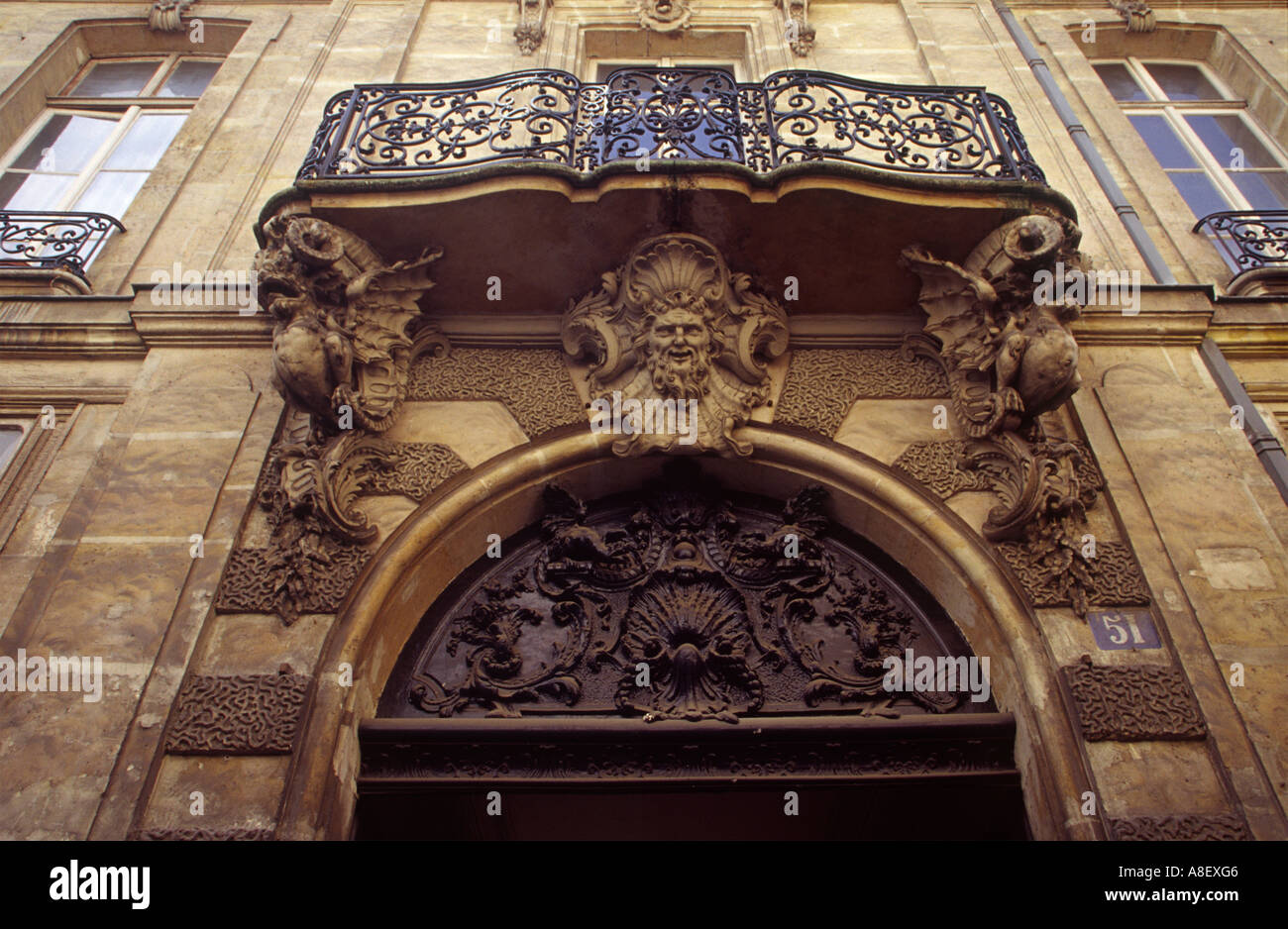 Ornate doorway and balcony on the Ile St Louis Paris Ile de France Stock Photo