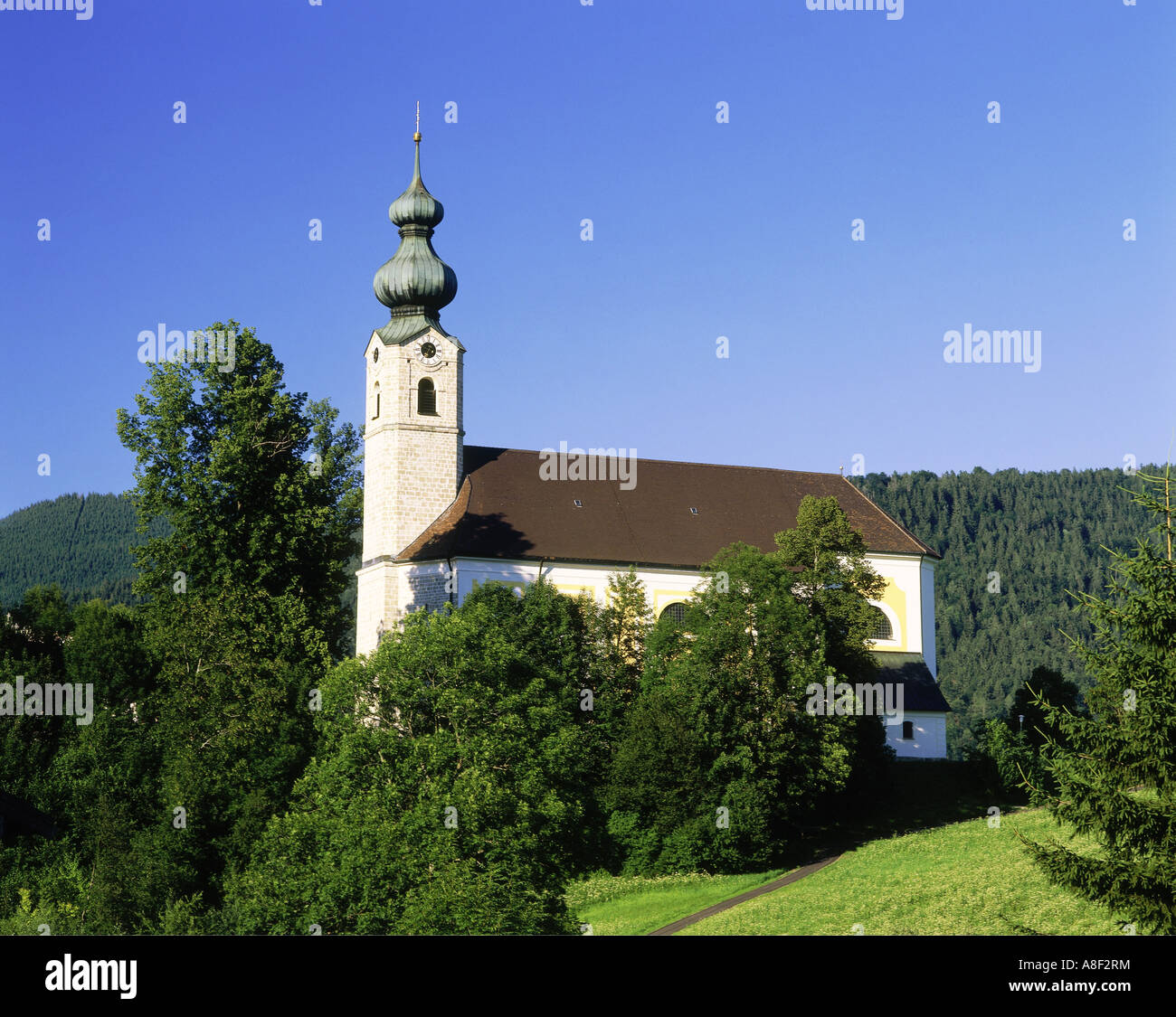 geography / travel, Germany, Bavaria, Ruhpolding, churches, parish church St. Georg, built: 1738 - 1757, exterior view, Additional-Rights-Clearance-Info-Not-Available Stock Photo