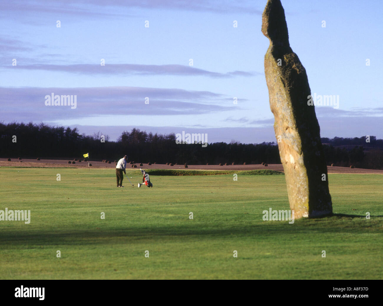 dh Neolithic Standing stone LUNDIN LINKS GOLF FIFE SCOTLAND Scottish Golfer playing on golfing course courses man people UK Stock Photo