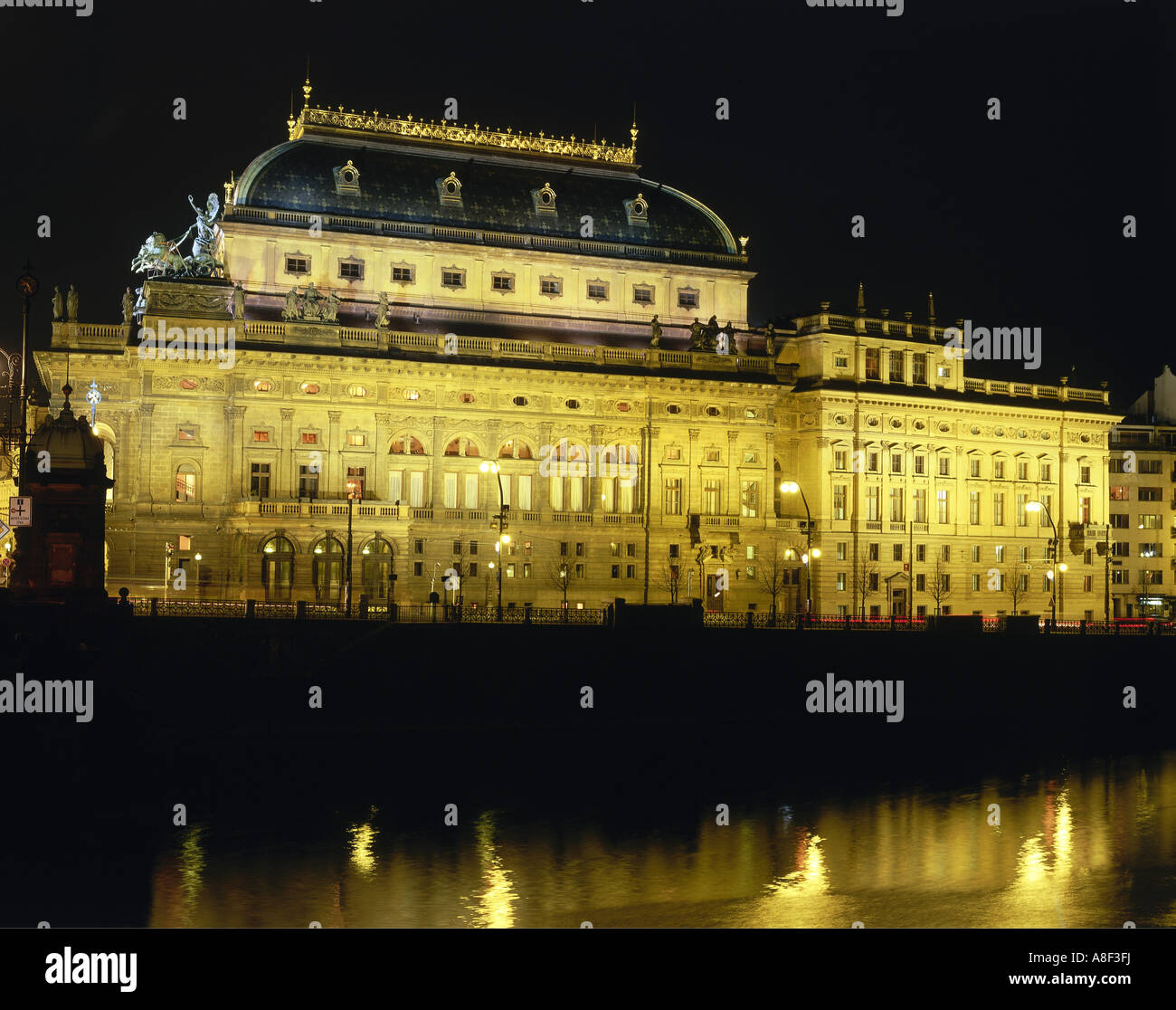 geography / travel, Czech Republic, Prague, theatre / theater, National Theatre, exterior view, built: 1868 - 1881, architect: Josef Zítek, Vltava, night view, Additional-Rights-Clearance-Info-Not-Available Stock Photo