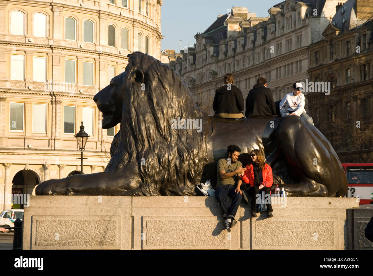 Lion sculpture by Sir Edwin Landseer in Trafalgar Square London England UK Stock Photo
