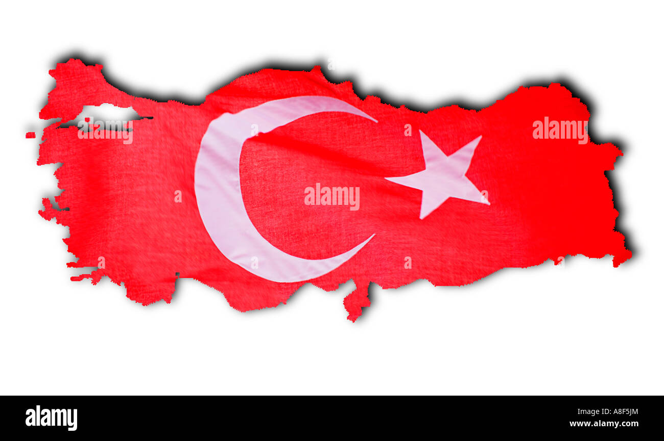 Flag of Turkey overlayed on Map White Background Stock Photo