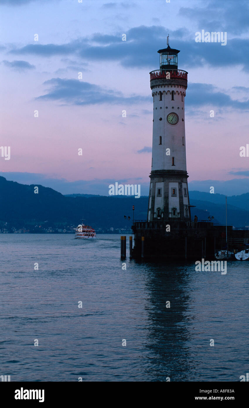 Lindau harbour lighthouse at dusk, Lake Constance (Bodensee) shore