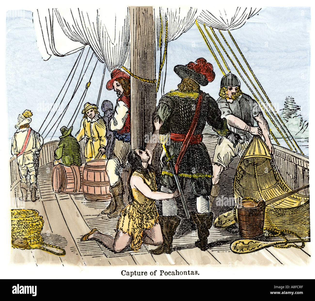 Captured Powhatan Indian princess Pocahontas held aboard a Jamestown ship. Hand-colored woodcut Stock Photo