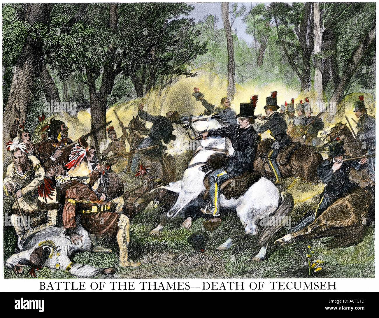 Chief Tecumseh killed by US troops under William Henry Harrison at the Battle of the Thames 1813. Hand-colored halftone of an illustration Stock Photo