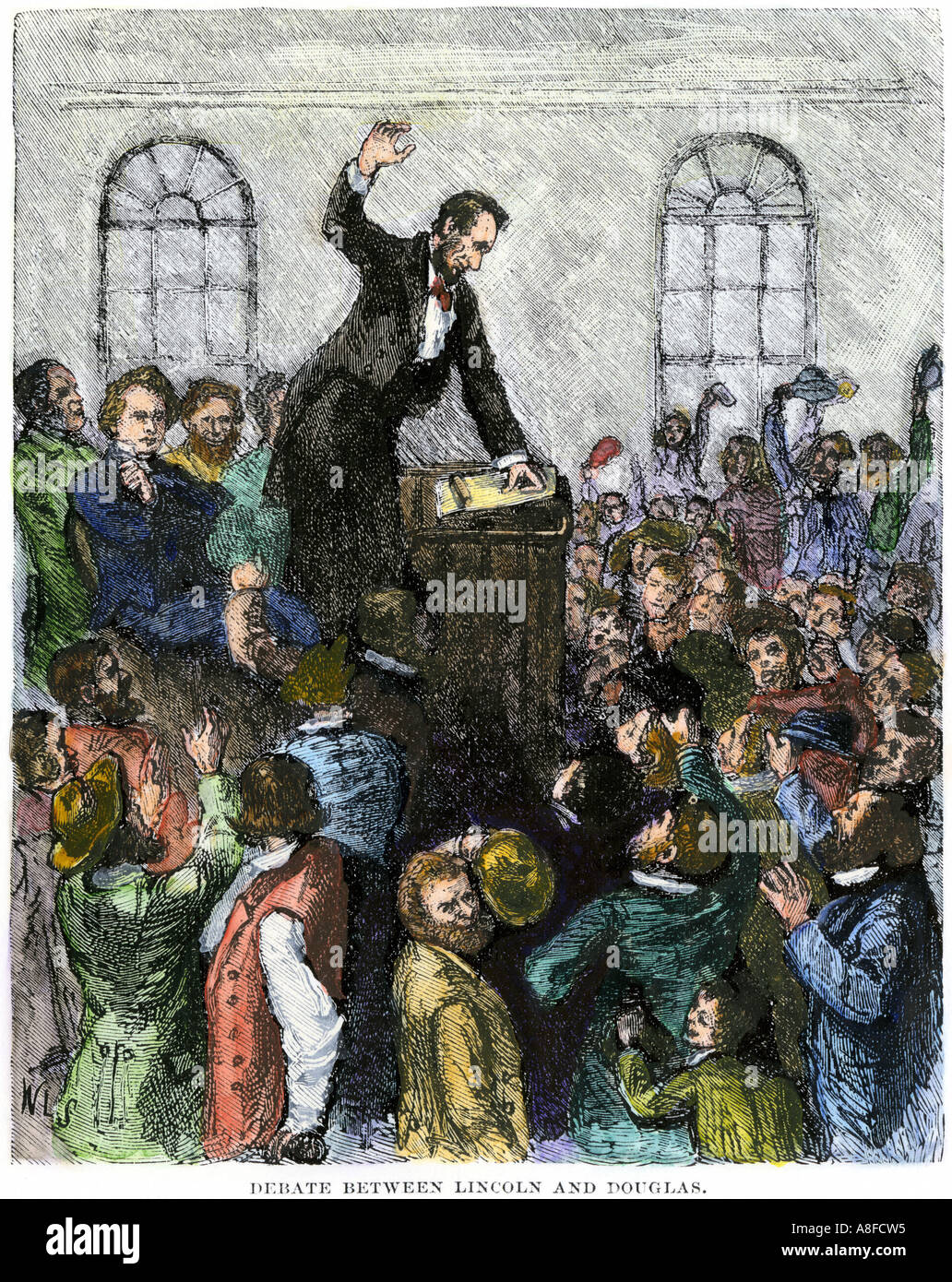 Debate between Abraham Lincoln and Stephen Douglas in Illinois 1850s. Hand-colored woodcut Stock Photo