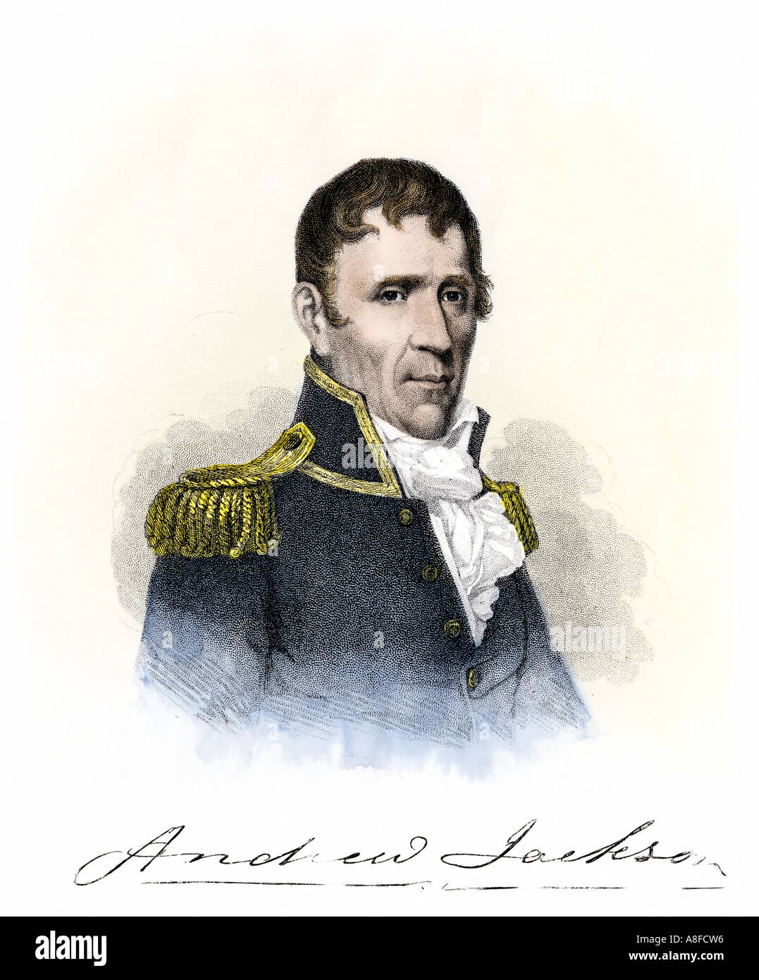 Andrew Jackson in US Army uniform about the time of the Battle of New Orleans 1815. Hand-colored steel engraving Stock Photo