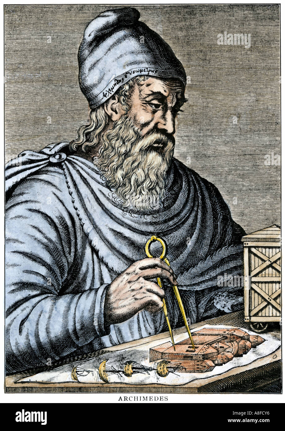 Archimedes using calipers in ancient Greece. Hand-colored woodcut Stock Photo