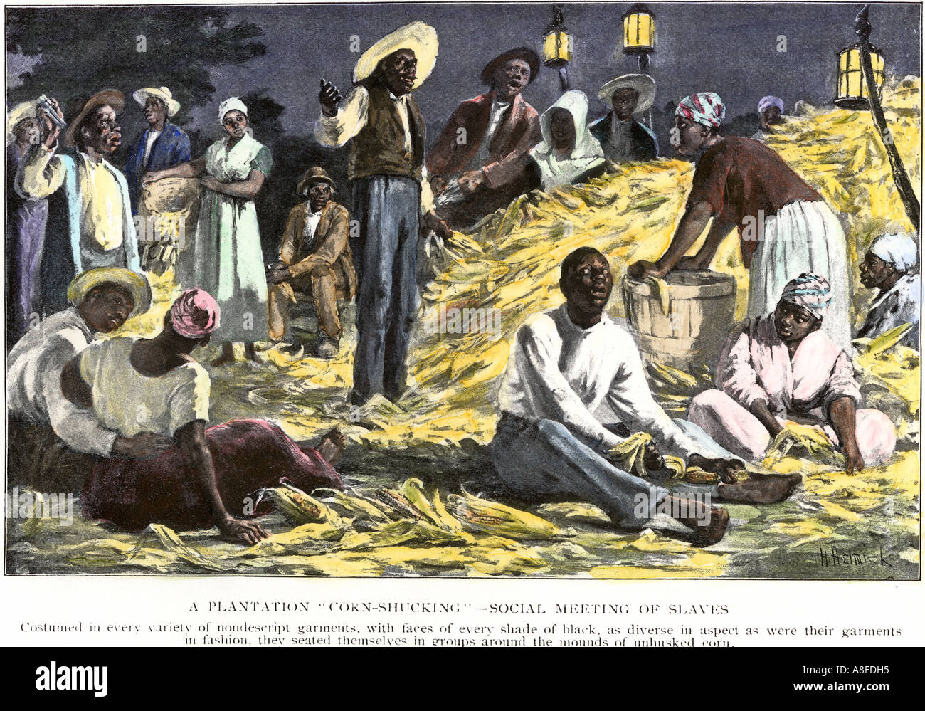 Social gathering of black slaves at a plantation corn husking 1800s. Hand-colored halftone of an illustration Stock Photo