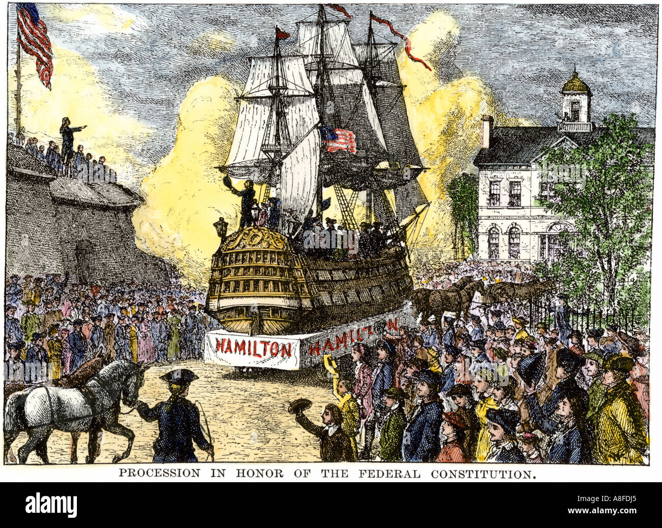 Ship of state parade on Wall Street honoring Alexander Hamilton and the new United States Constitution 1787. Hand-colored woodcut Stock Photo