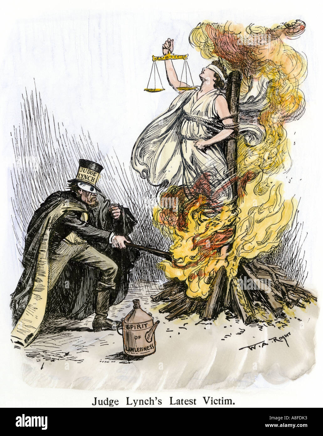 Judge Lynch burning Justice as the latest victim of lawlessness 1901 cartoon. Hand-colored woodcut of A W. A. Rogers cartoon Stock Photo