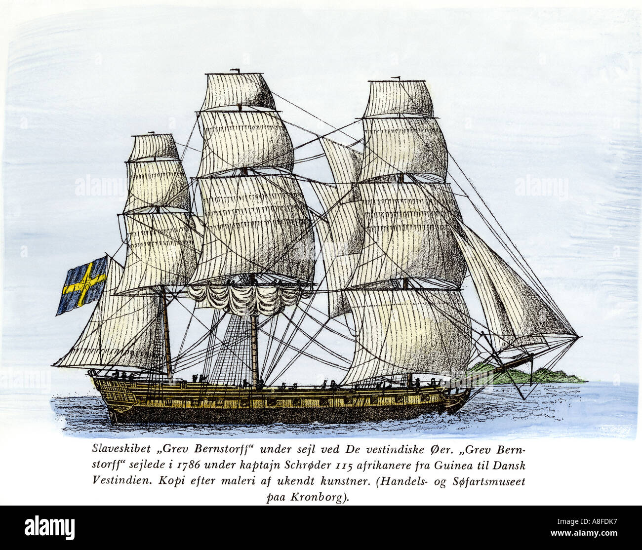 Scandinavian slave ship Grev Bernstorff under sail for the West Indies from Africa 1786. Hand-colored woodcut Stock Photo