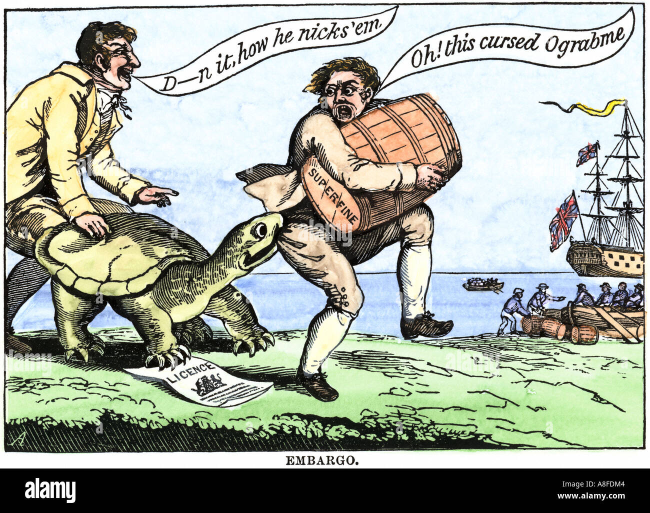 Cartoon protesting the Embargo Act of US President Thomas Jefferson in 1807. Hand-colored woodcut Stock Photo