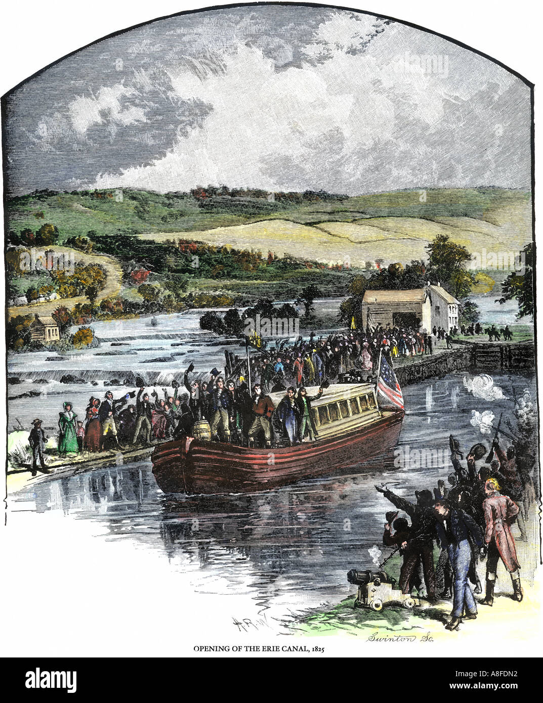Erie Canal opening ceremony with New York Governor DeWitt Clinton and other dignitaries on the first boat 1825. Hand-colored woodcut Stock Photo