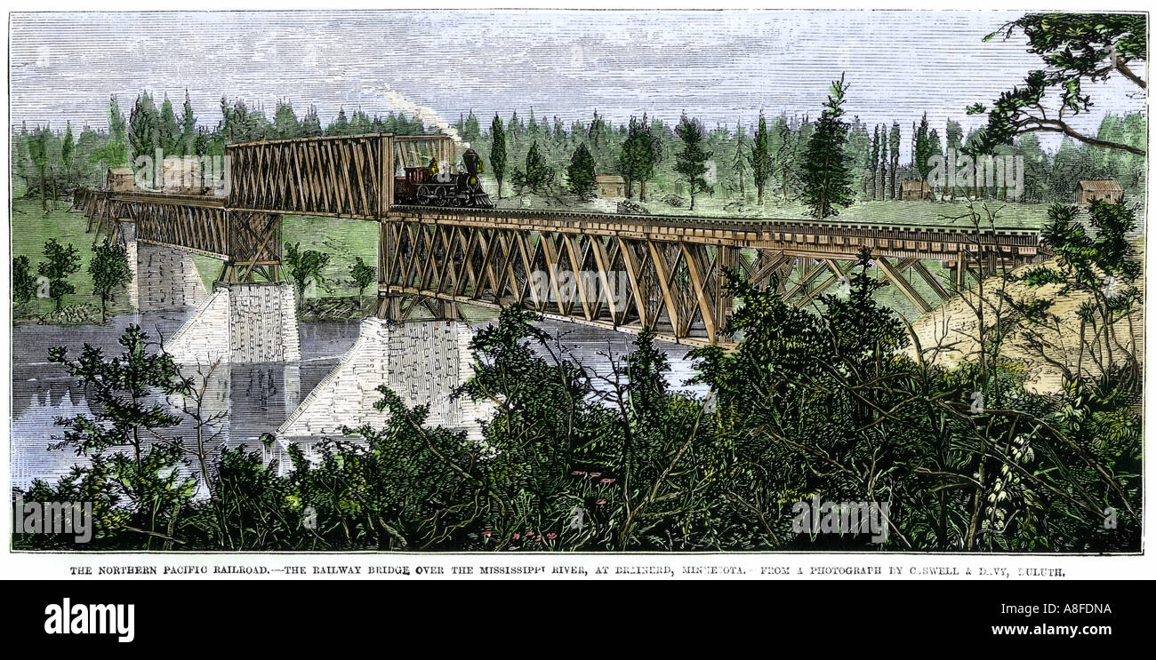Northern Pacific Railroad bridge over the Mississippi River at Brainerd Minnesota 1871. Hand-colored woodcut Stock Photo