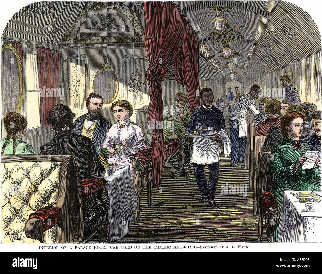 Palace Hotel dining car on the Union Pacific Railroad 1869. Hand-colored woodcut Stock Photo