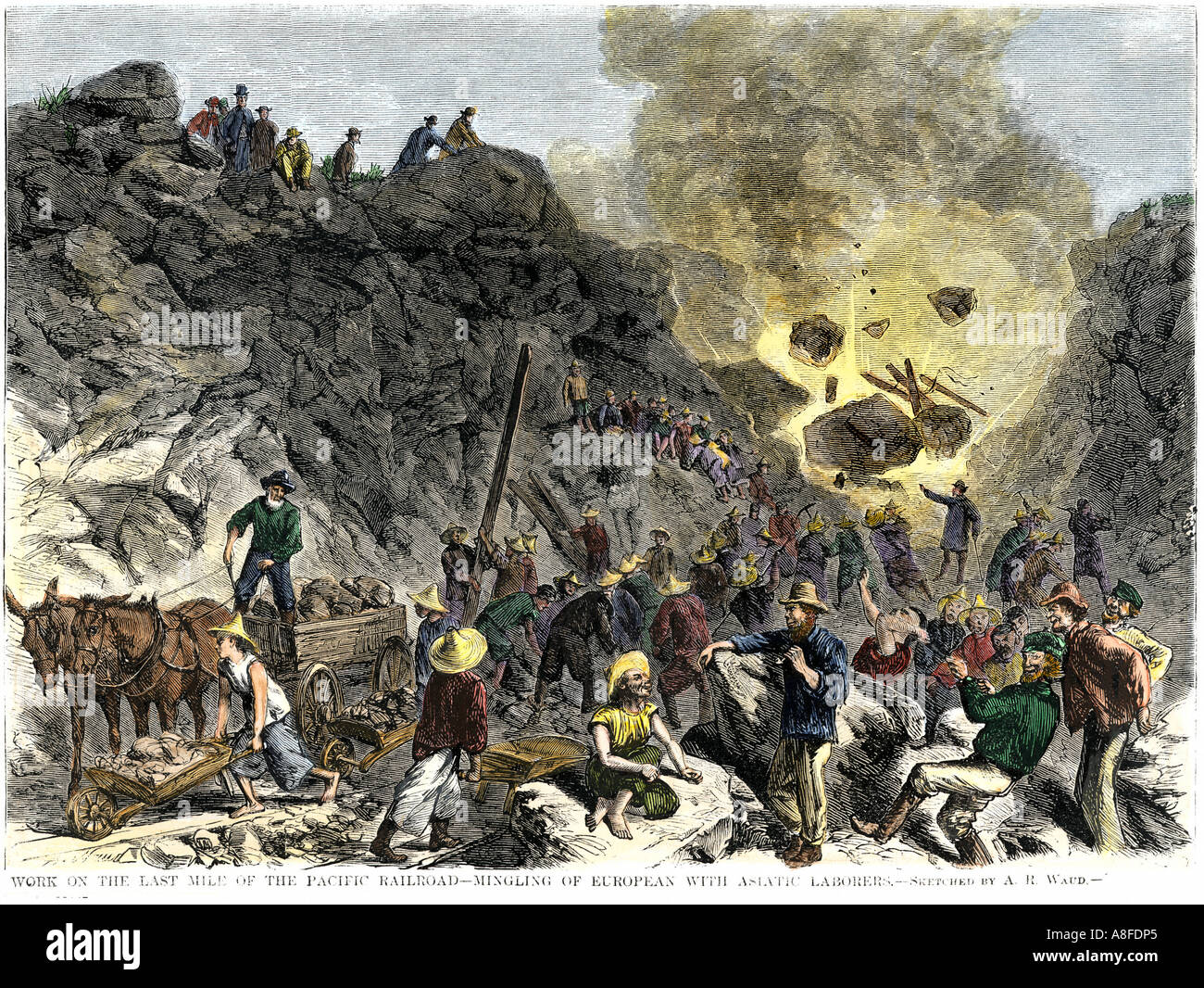 Asian and European immigrant workers clearing the last mile for the transcontinental railroad 1869. Hand-colored woodcut Stock Photo