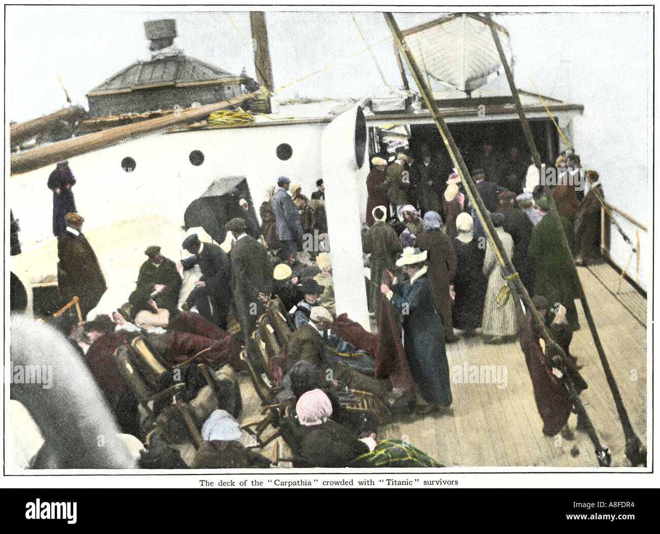 Titanic survivors on the deck of the steamer Carpathia 1912. Hand-colored halftone of a photograph Stock Photo