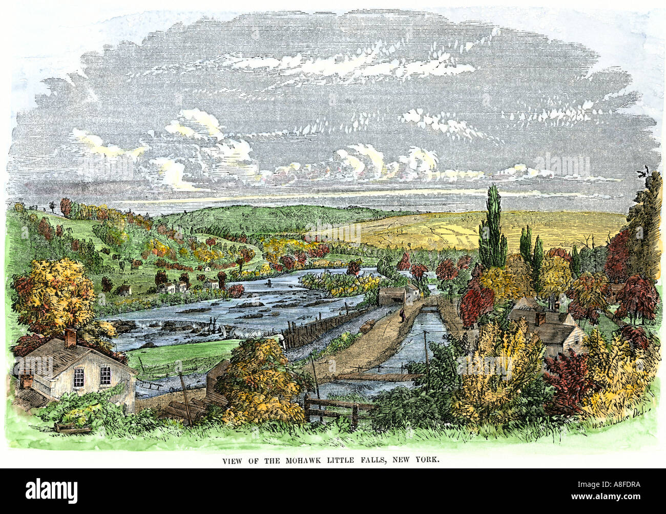 Little Falls New York in the Mohawk Valley 1850s. Hand-colored woodcut Stock Photo