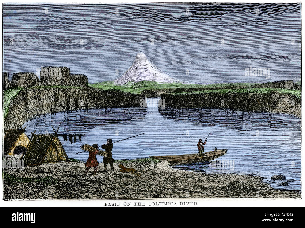 Native American fishing camp on the banks of the Columbia River in the Pacific Northwest. Hand-colored engraving Stock Photo