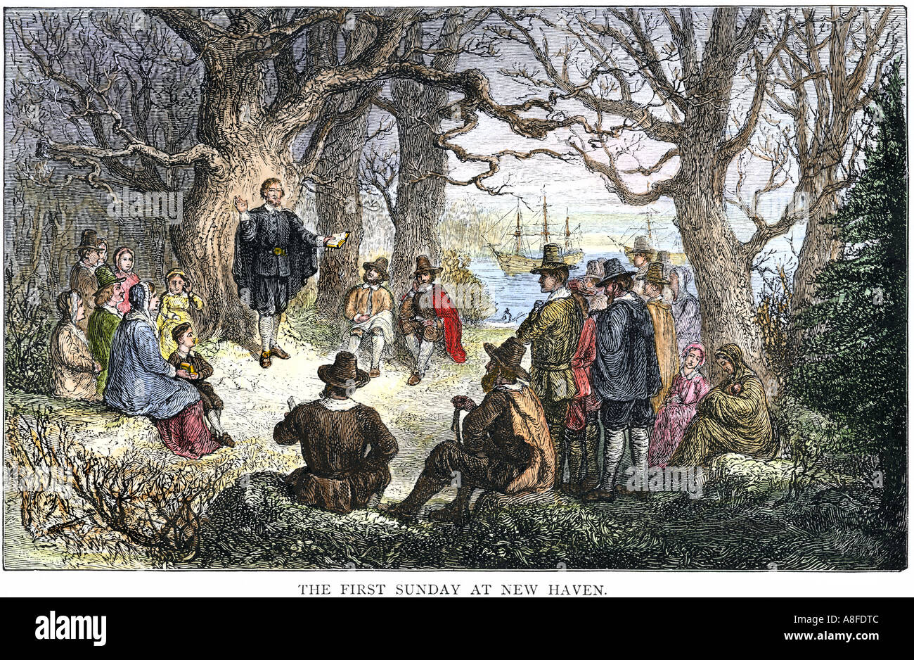 Puritans led by John Davenport celebrate their first Sunday at New Haven Connecticut 1630s. Hand-colored woodcut Stock Photo