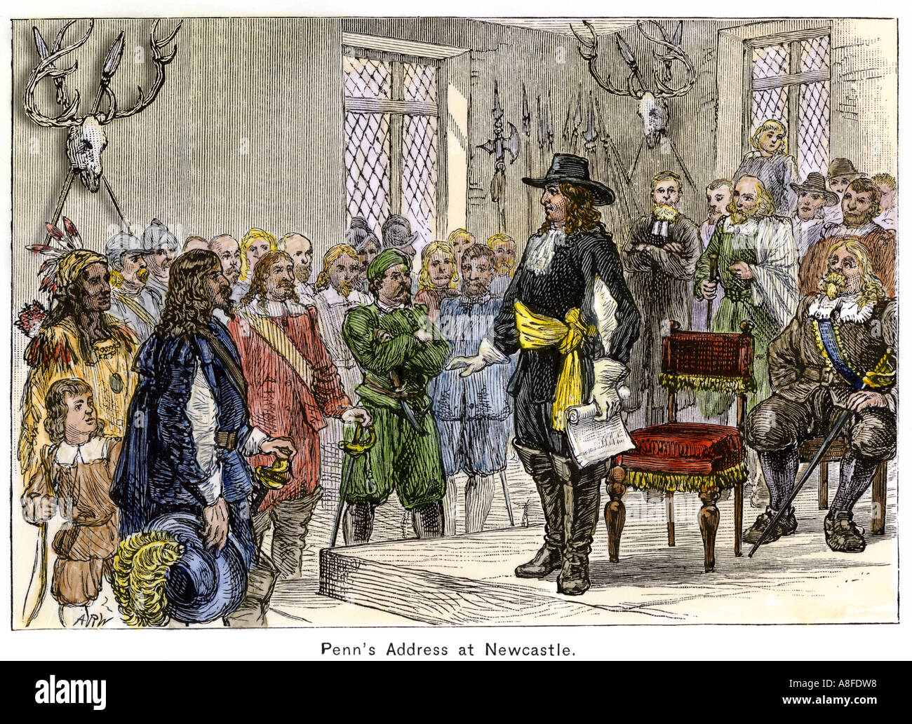 William Penn addressing the Swedish colonists at New Castle Delaware. Hand-colored woodcut Stock Photo
