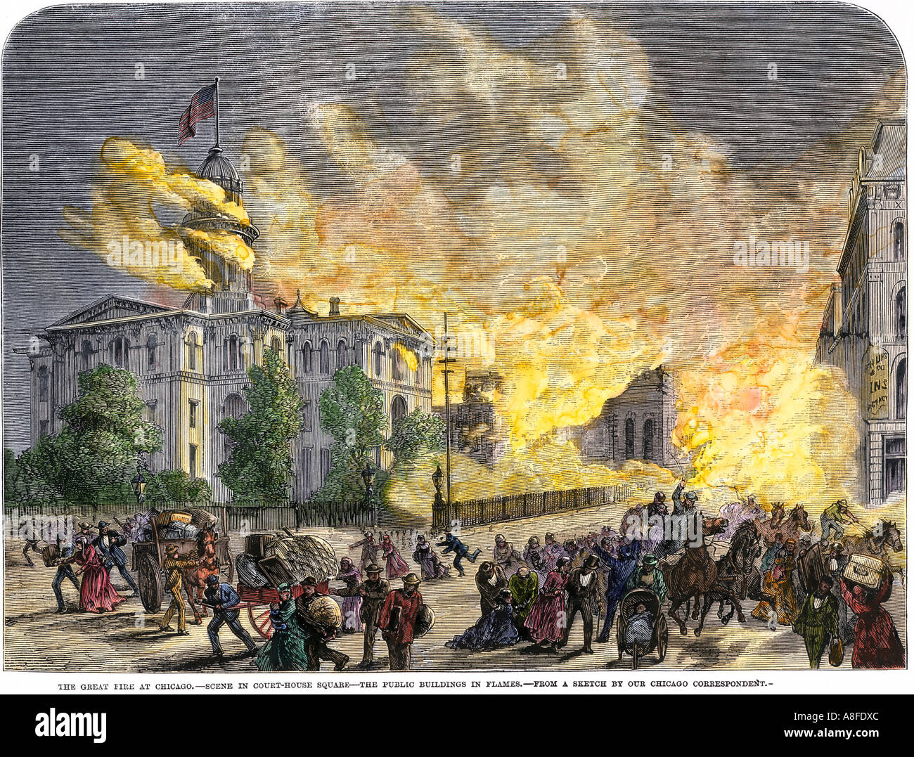 Courthouse Square engulfed in flames during the Chicago Fire 1871. Hand-colored woodcut Stock Photo