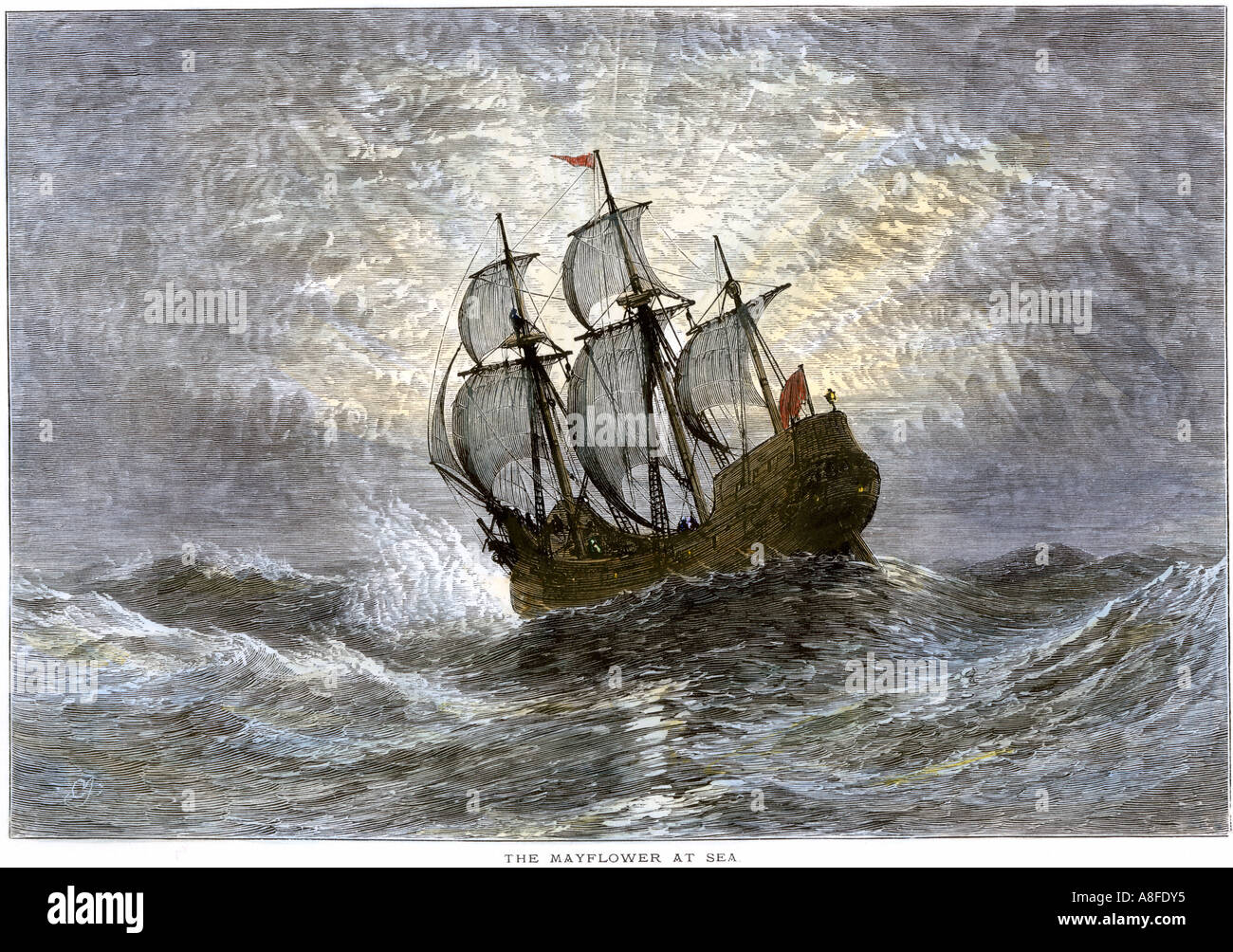 The Mayflower at sea 1620. Hand-colored woodcut Stock Photo