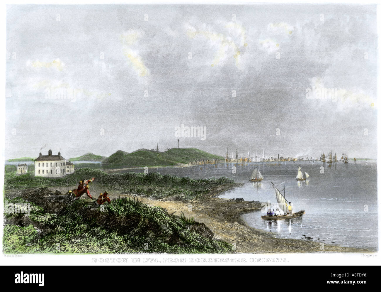 Boston Massachusetts viewed from Dorchester Heights before the American Revolution 1774. Hand-colored steel engraving Stock Photo