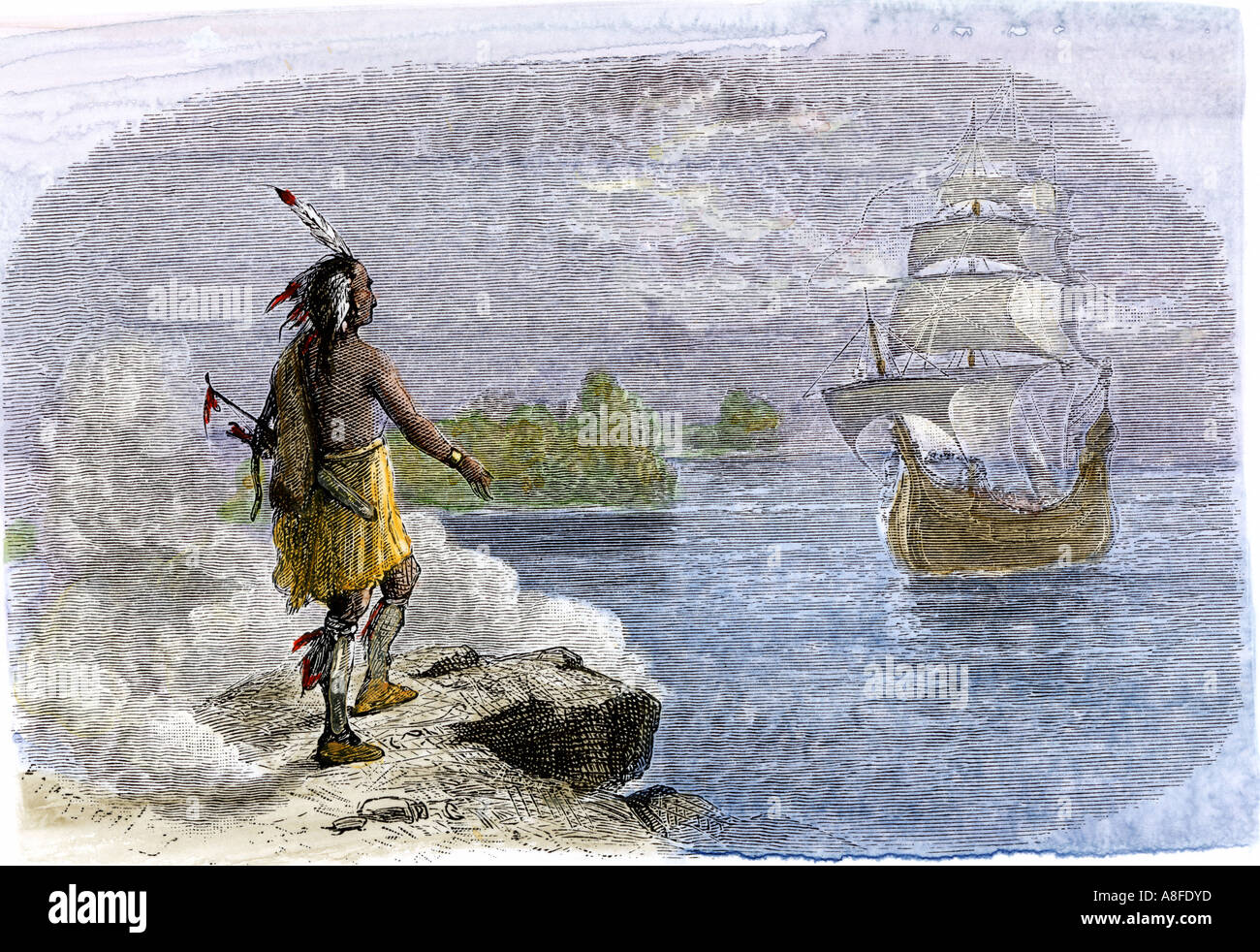 Native American greeting the Mayflower in 1620. Hand-colored woodcut Stock Photo