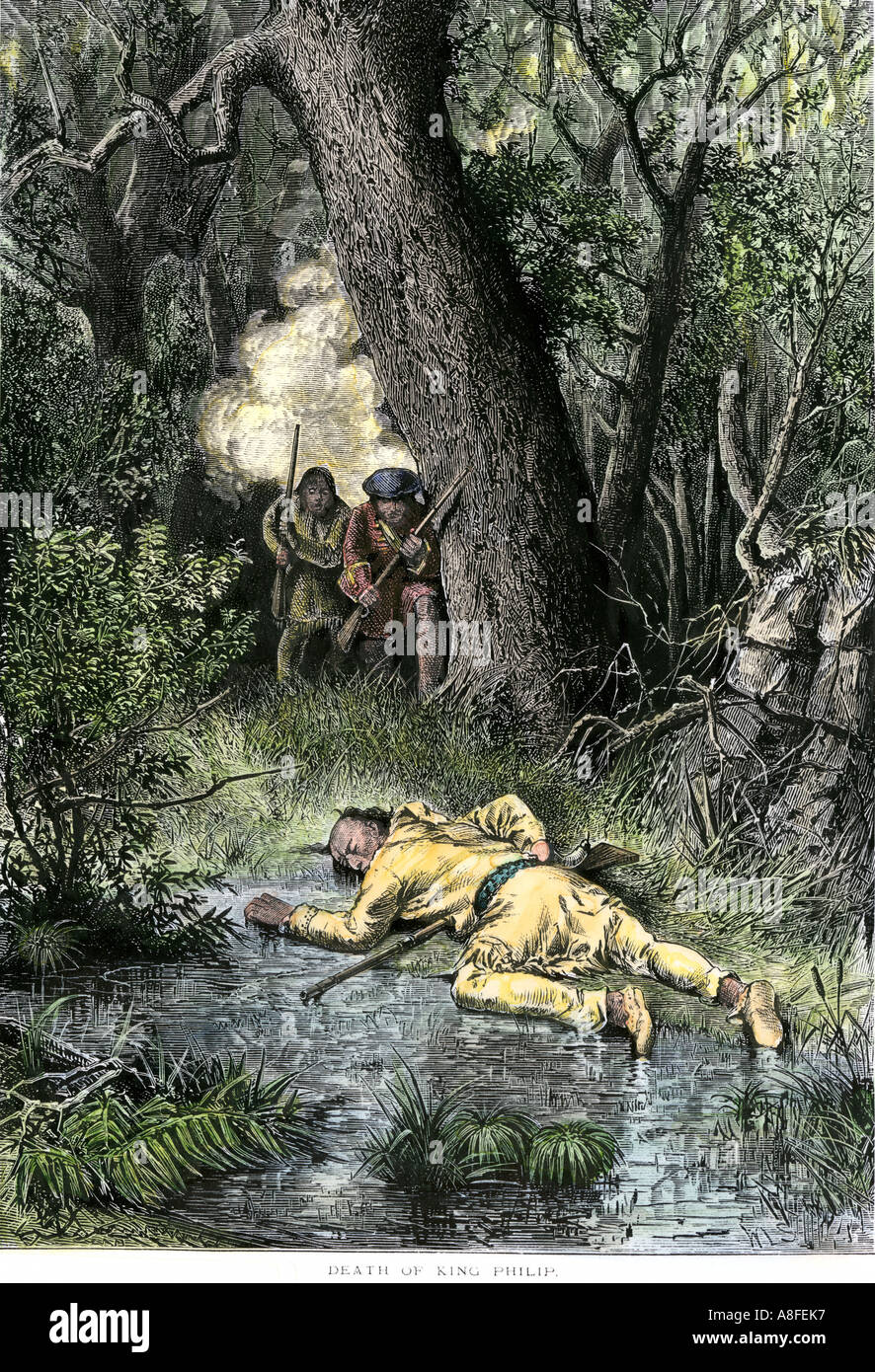 Death of Wampanoag  leader Philip ending King Philip's War in colonial New England 1676. Hand-colored woodcut Stock Photo