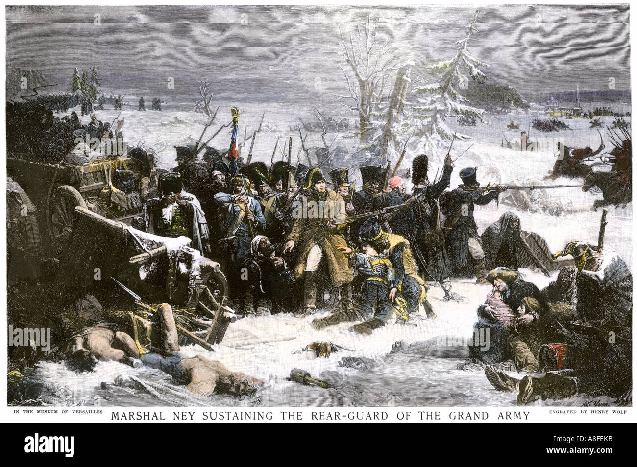 Marshal Ney bringing Napoleon's French rear guard out of Russia with heavy losses 1812. Hand-colored halftone Stock Photo