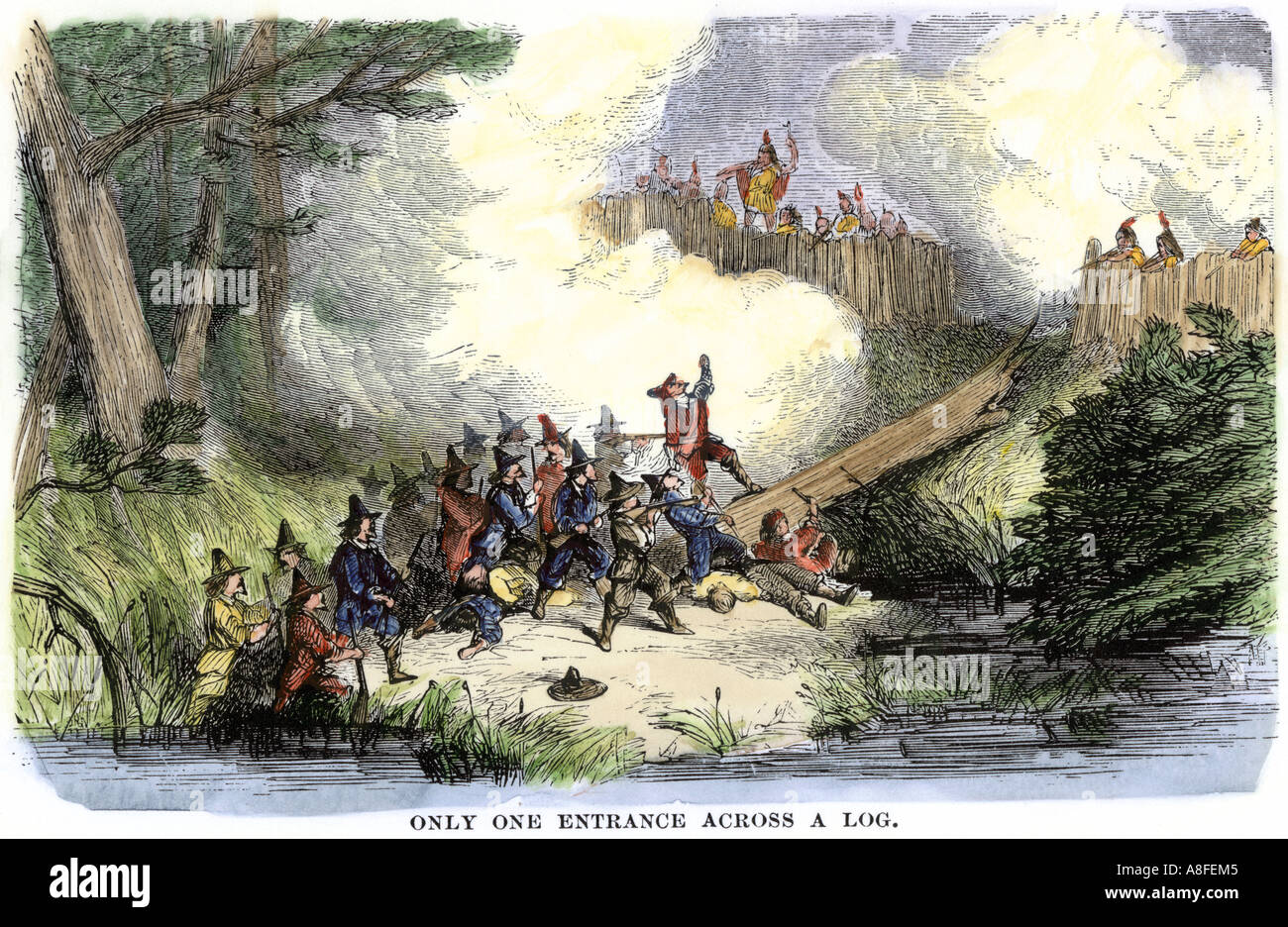 New England colonists crossing a log bridge to attack a Narragansett Indian village during King Philips War 1670s. Hand-colored woodcut Stock Photo