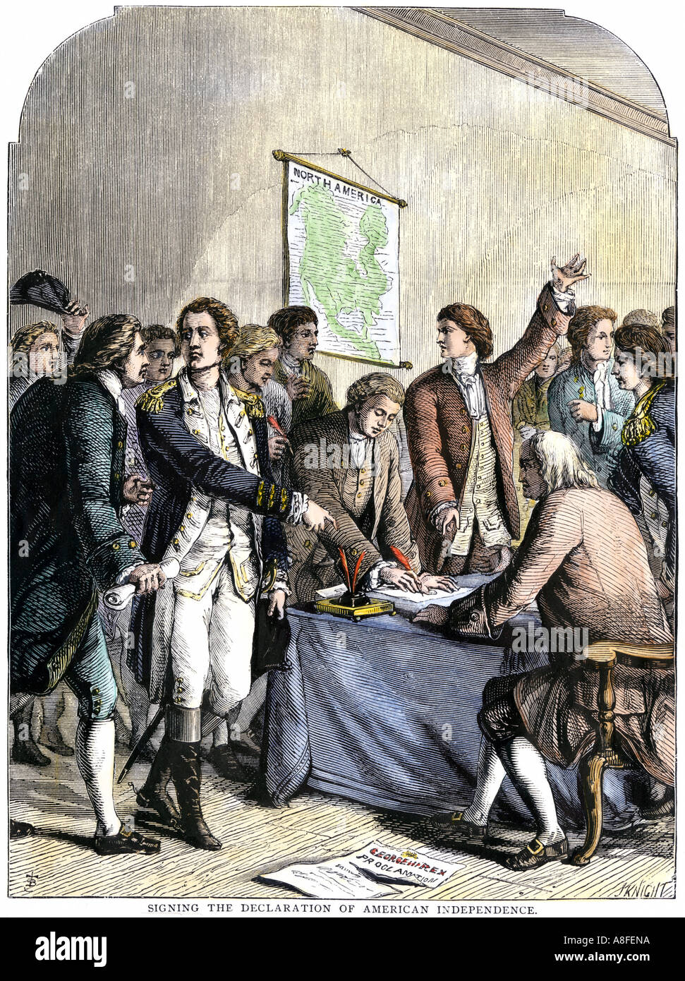 Delegates signing the Declaration of American Independence July 4 1776. Hand-colored woodcut Stock Photo