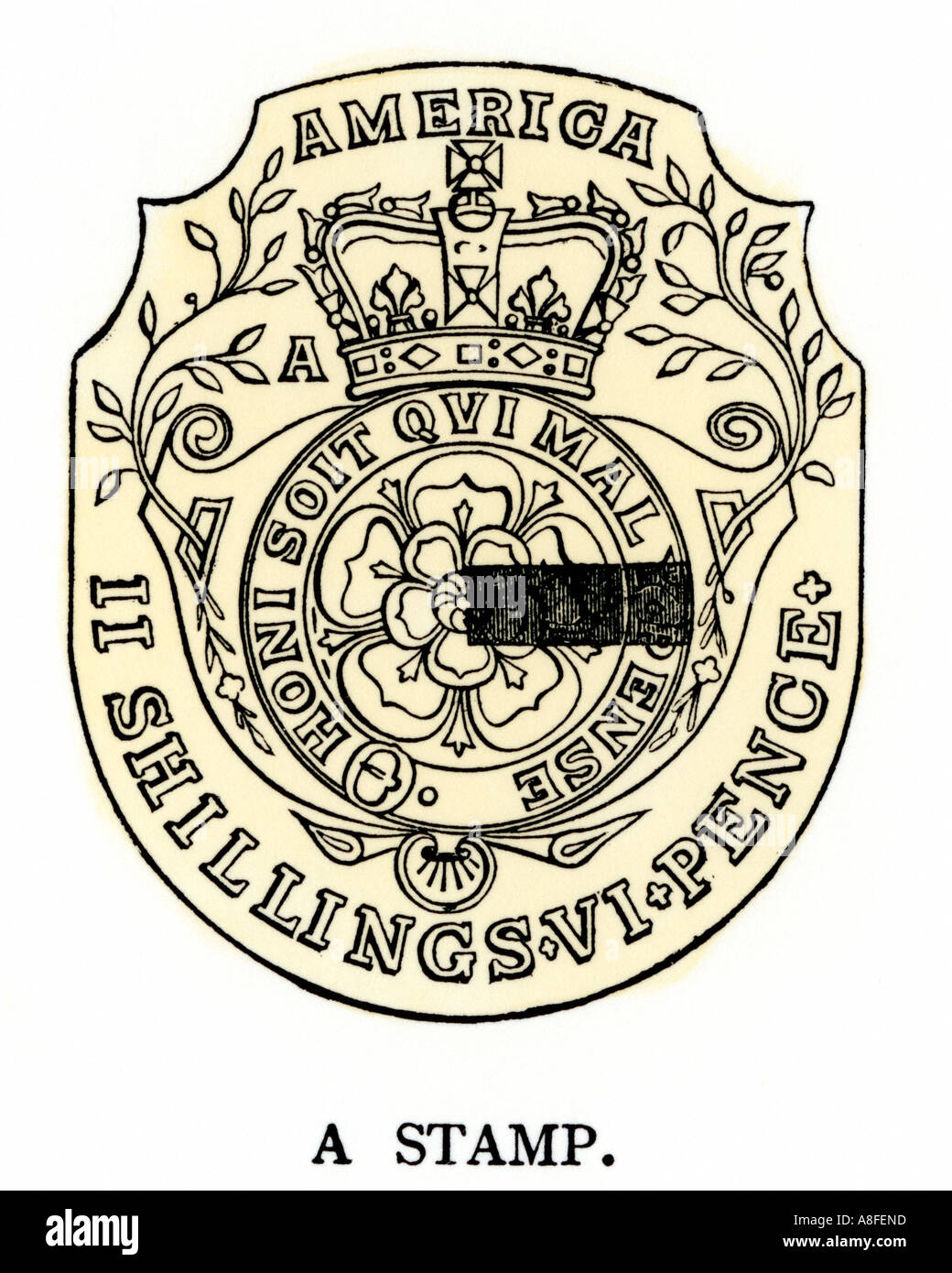 Tax stamp for the American colonies issued by the British government under the Stamp Act 1765. Hand-colored woodcut Stock Photo