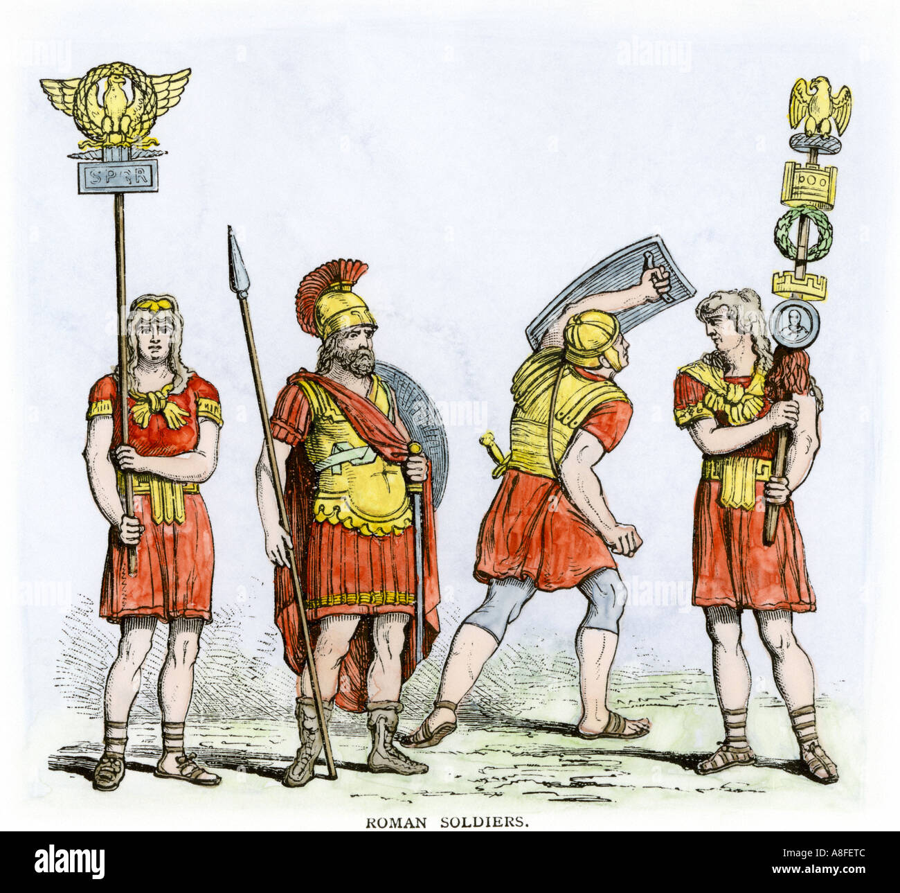 Roman soldiers carrying insignia of the army of ancient Rome. Hand-colored woodcut Stock Photo