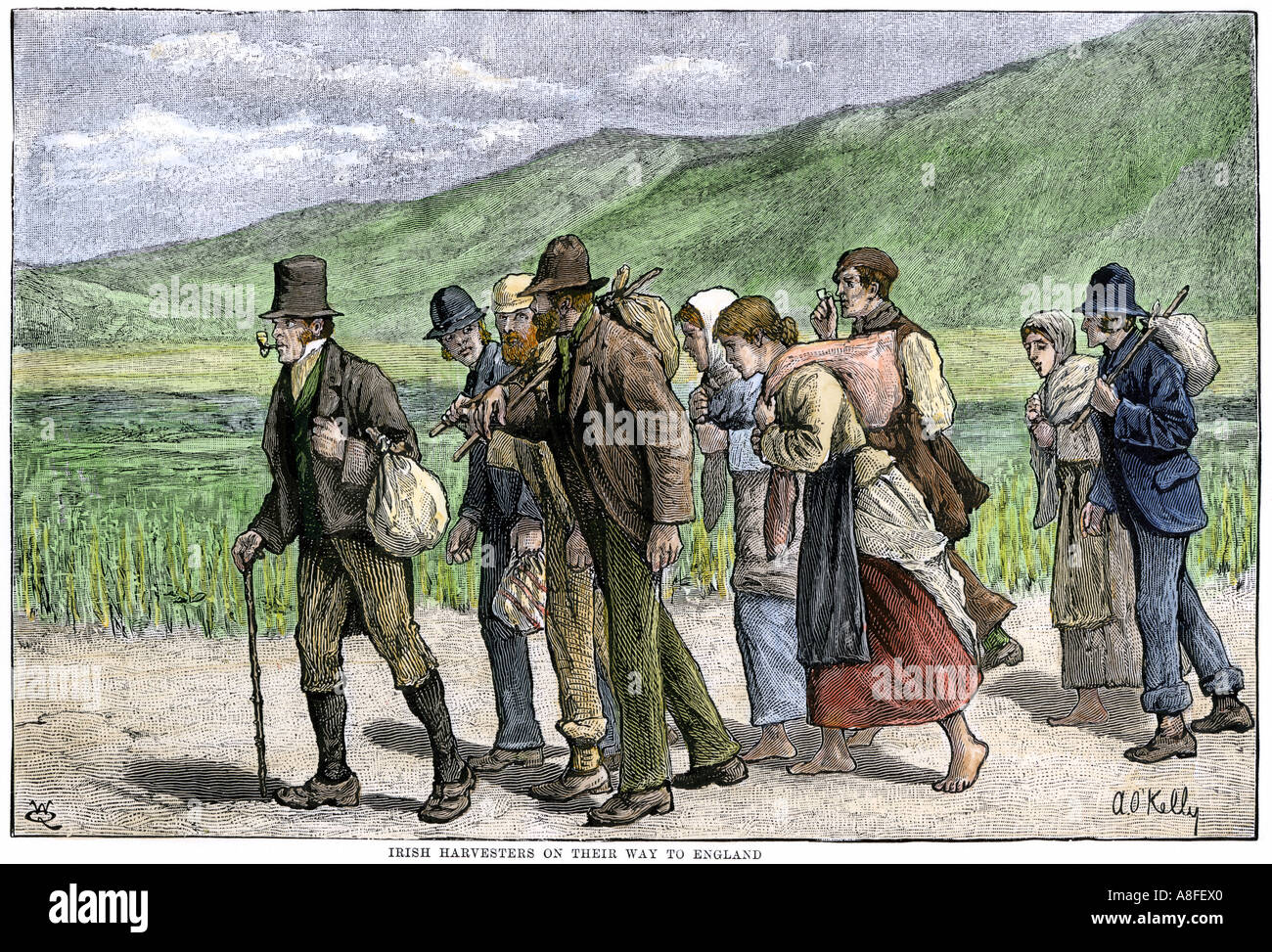 Starving Irish harvesters on their way to England to find work 1800s. Hand-colored woodcut Stock Photo