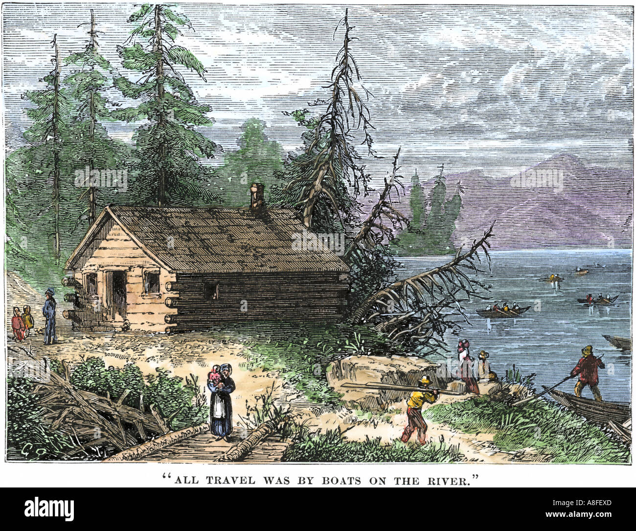 Wilderness log cabin of pioneers who travel by water. Hand-colored woodcut Stock Photo