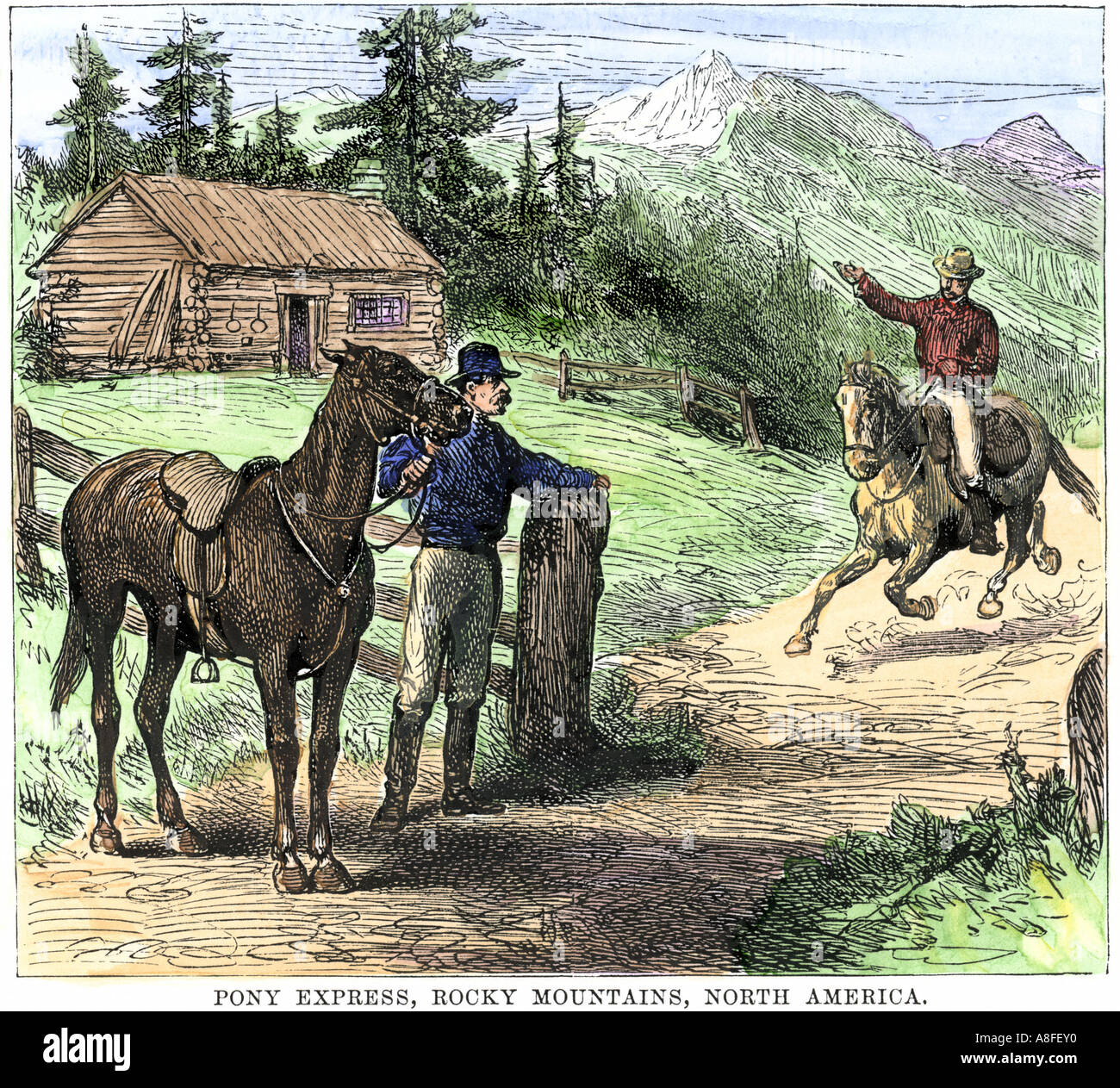 Pony Express rider coming into a relay station in the Rocky Mountains 1800s. Hand-colored woodcut Stock Photo